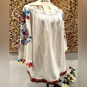 See And Be Seen White w/ Floral Embroidery Bell Sleeves- size M